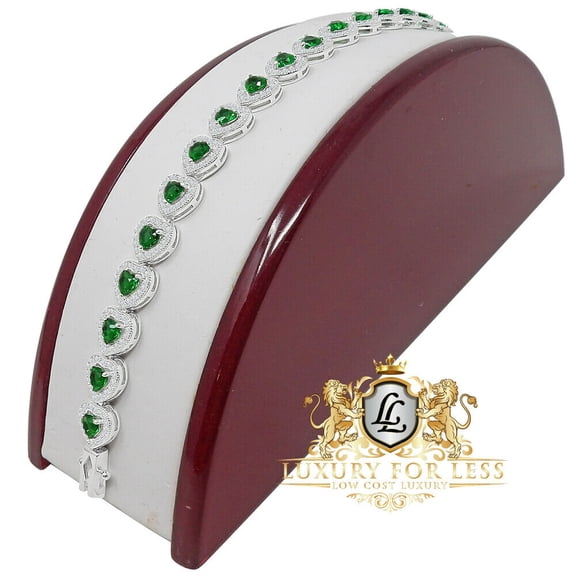 Emerald Green 9 Cwt Real Sterling Silver Love Heart Shape Tennis Link Bracelet