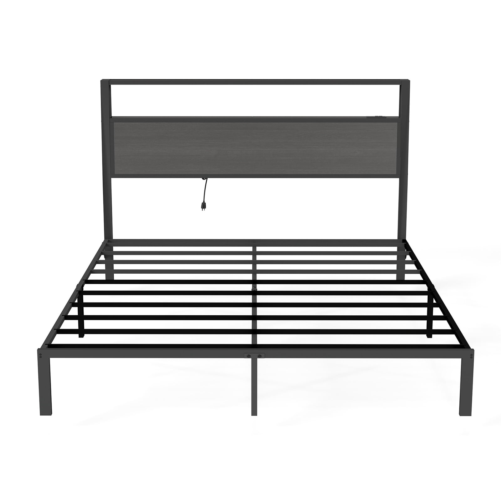 Leumius Queen Size Bed Frame with Headboard, Platform Bed with RGB LED Light & Charging Station & Under Bed Storage Space, Easy Assembly,Dark Gray