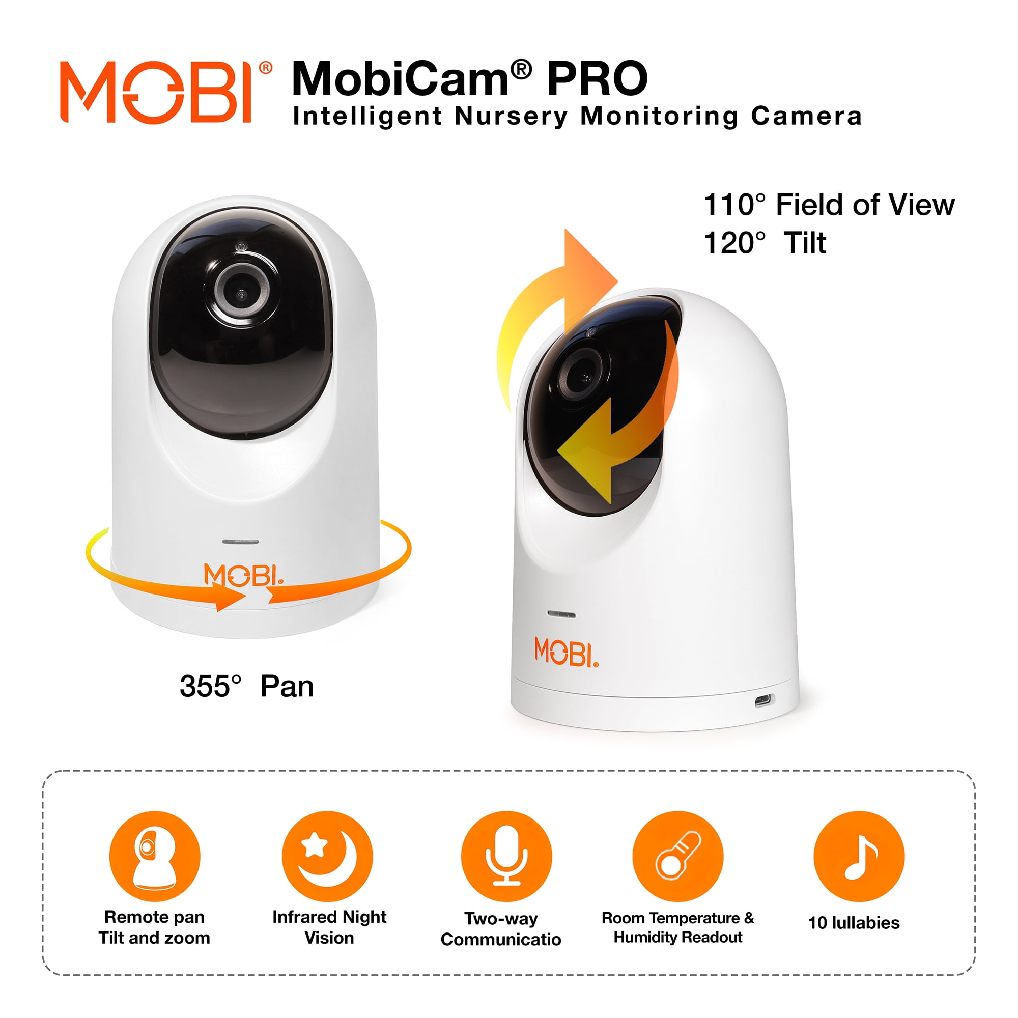 MobiCam PRO Baby & Home Monitoring Camera: Full HD, 355°Pan, 120°Tilt, 2-Way Audio, Color Night Vision, Motion Tracking & Sound Detection, Temp & Humidity Readings, Supports 5G/2.4GHz Wi-Fi