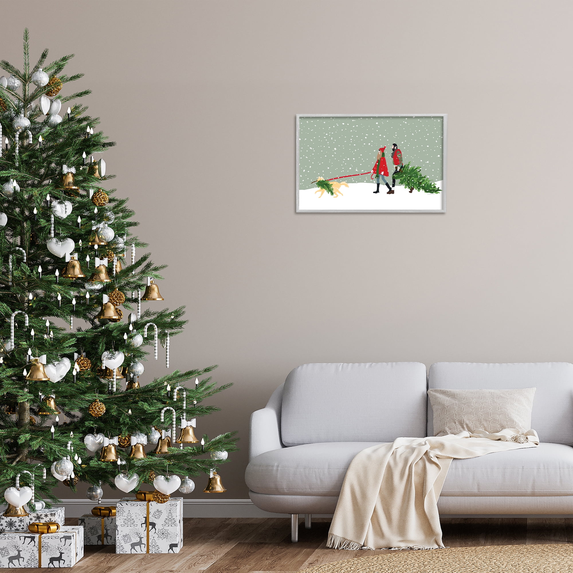 Stupell Industries Couple with Christmas Tree Holiday Painting Gray Framed Art Prints Wall Art, 24 x 16