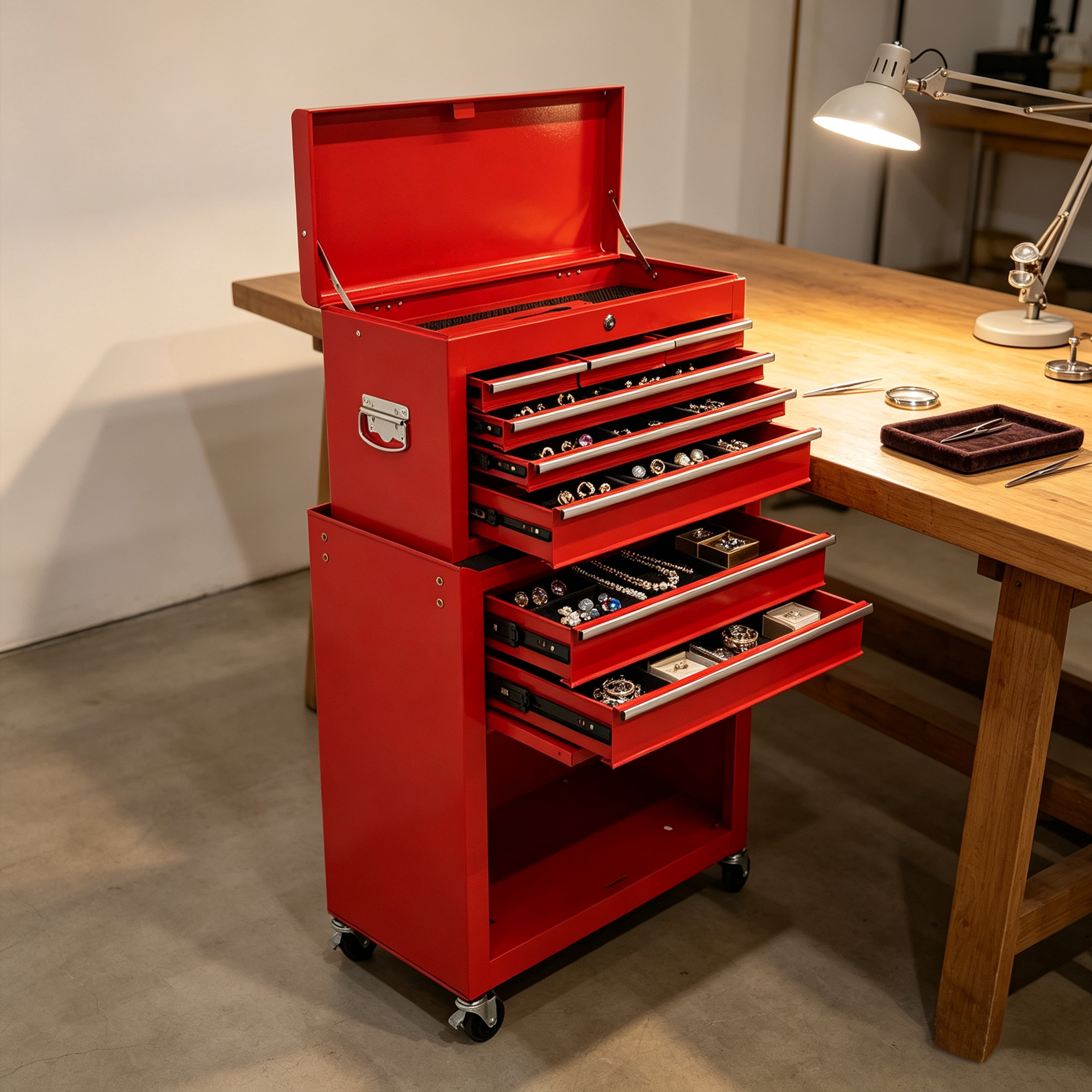 8 Drawer Rolling Tool Chest,2-in-1 Detachable Top Box,Metal Tool Storage Cabinet with Drawer Liners,Lockable Wheels & Side Hooks,Heavy-Duty Tool Cart for Garage Workshop,Red
