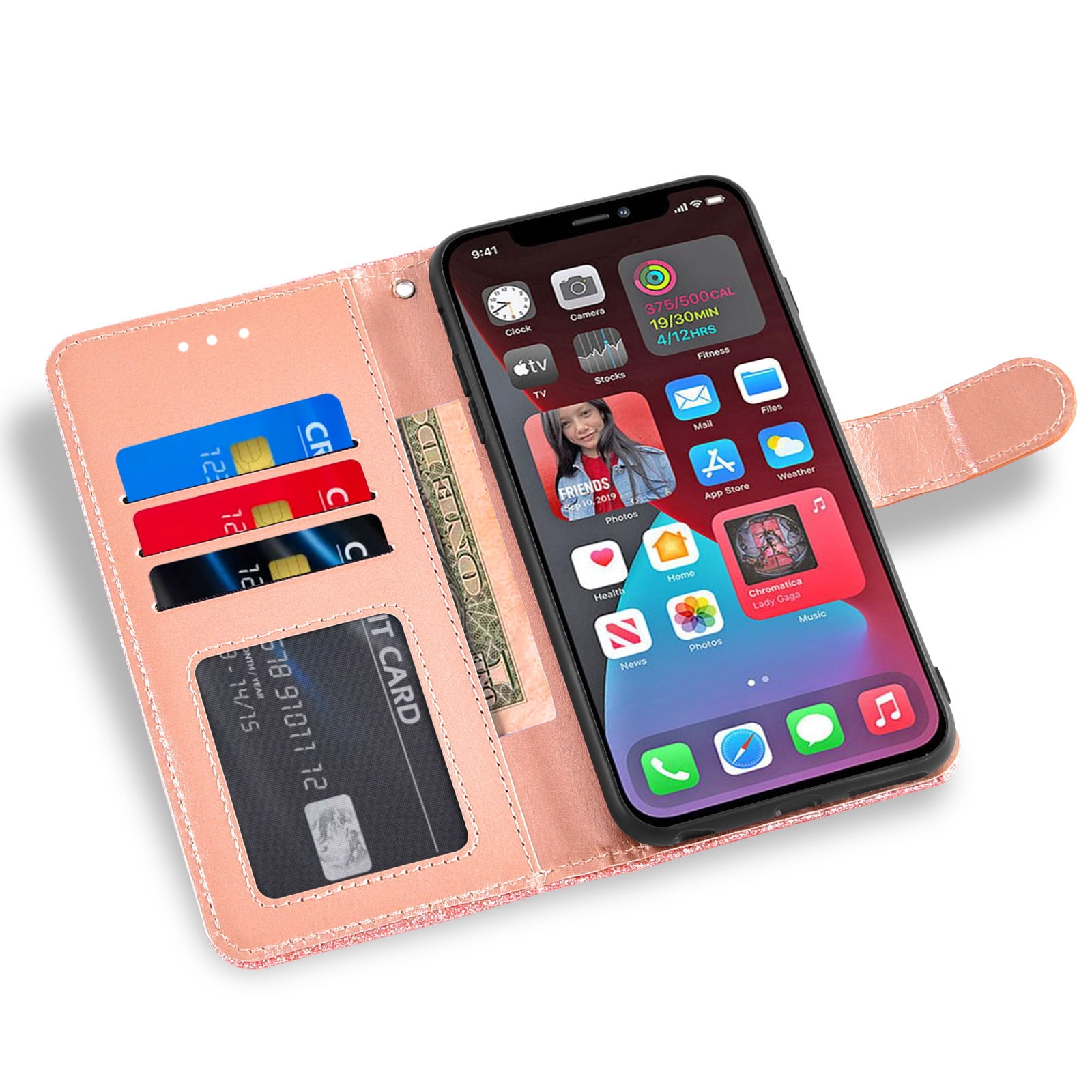 Custodia Portafoglio Per IPhone 12 Pro Max 6.7'' Con Vetro Temperato Incluso, 7 Slot Carte E Tasca Cerniera, Supporto Stand, Glitter Nero - 4