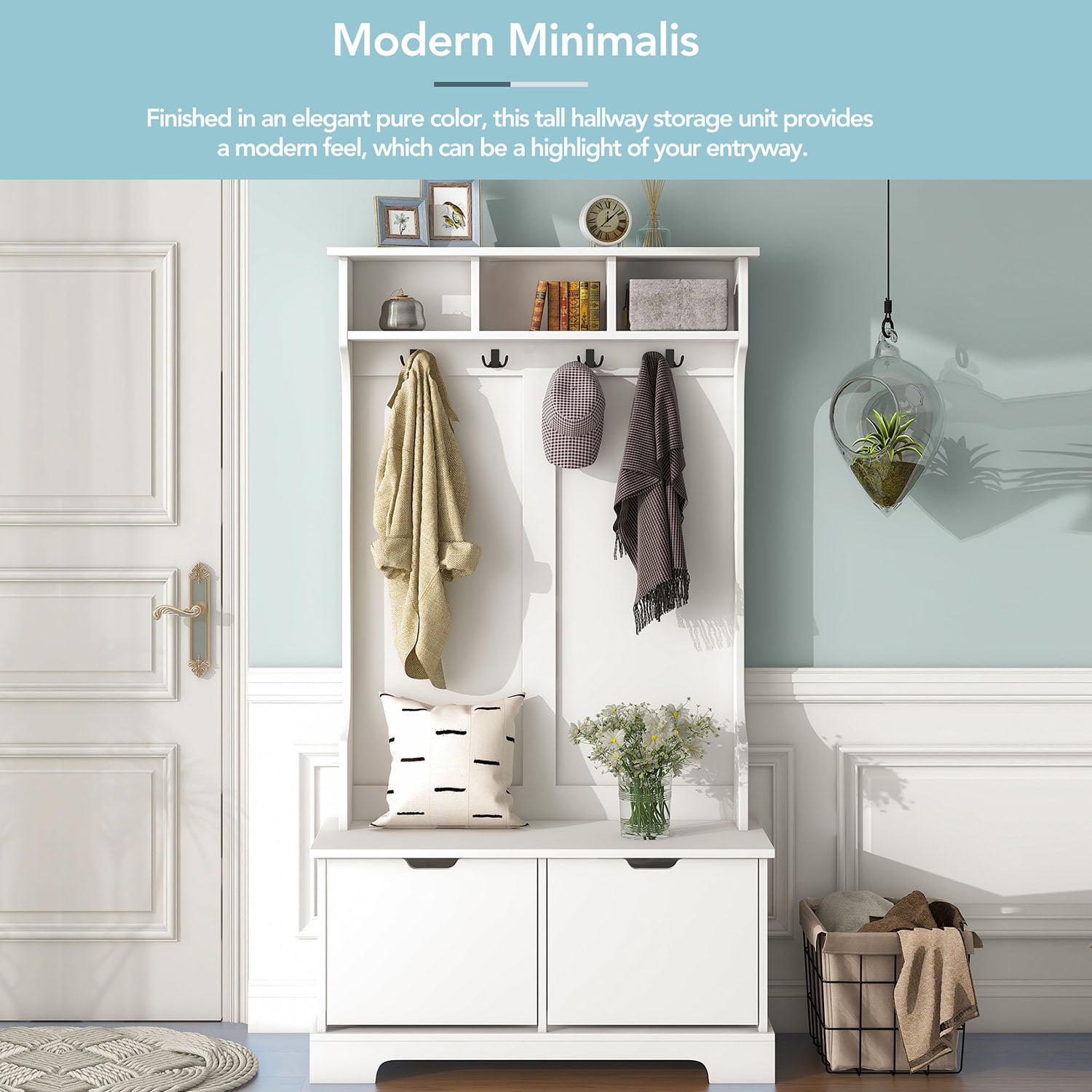 Kadyn All in One Hall Tree, Wide Hall Tree with 3 Top Shelves and 2 Flip Shoe Storage Drawers, Mudroom Hall Tree with Storage Bench and Metal Hanging Hooks, White