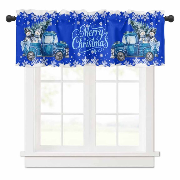 Blue Truck Valances for Windows Winter Snowman Merry Christmas Tree Snowflake Steel Blue Rod Pocket Curtain Valance Window Treatment Short Curtains for Kitchen Living Room, 60"x18"