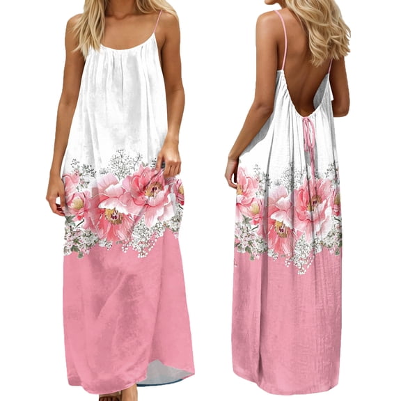 Elvqul Womens Maxi Dress Flowy Summer Dresses Pullover Tunic Boho Holiday Sleeveless Dress for Women Scoop Neck, Sizes S-5X