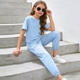 thumbnail image 5 of Ruiwill Outfit Set For Girls Size 7-8 Years Summer Short Sleeve Crew Neck Solid Color Tops With Pants Set Casual Cute Dailywear Girls Outfit Set Light Blue, 5 of 6