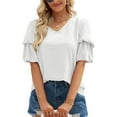 thumbnail image 3 of Top de verano para mujer, camisa informal con cuello en V y mangas cortas cónicas con farol de punto Jacquard, Top blanco L, 3 of 5