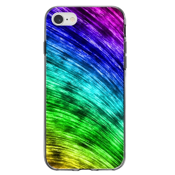 DistinctInk Clear Shockproof Hybrid Case for iPhone 7 8 SE (2020 Model) 4.7" Screen TPU Bumper Acrylic Back Tempered Glass Screen Protector - Rainbow Shimmering Curve