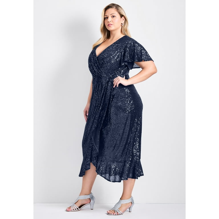 plus size sequin wrap dress Womens Plus Size Gold Sequin Maxi Cocktail Dress 2X Slit Sleeve Formal  Party
