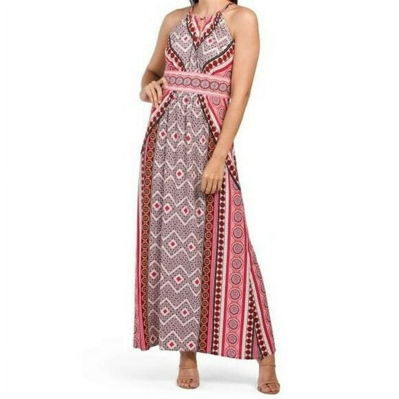 London Times Women's Zig Zag Medallion Printed Keyhole Halter Morris Maxi Dress-Regular / 8