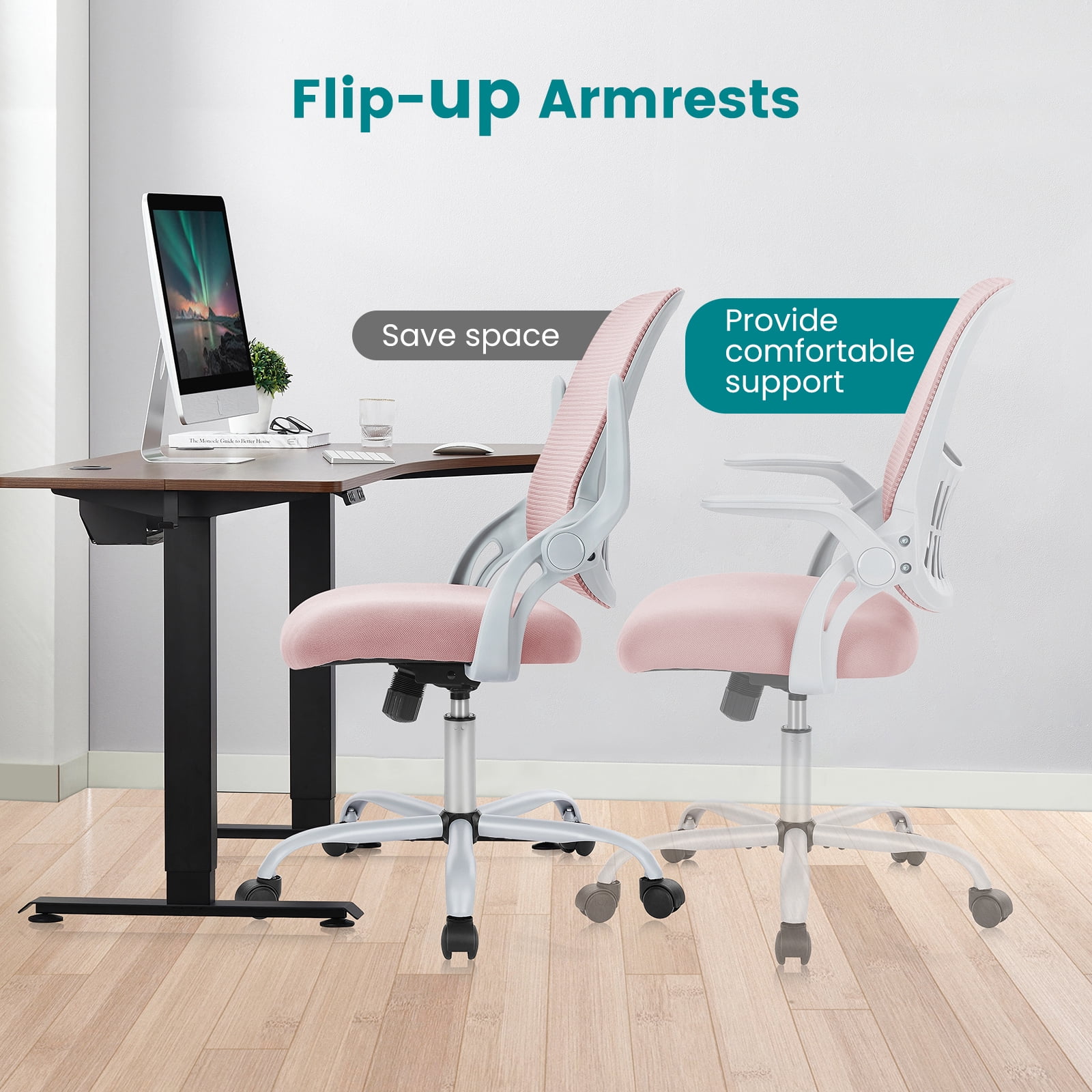 JOINSUN Office Computer Desk Chair, Ergonomic Mesh Mid-Back Rolling Work Swivel Task Chairs with Lumbar Support and Flip-up Arms for Home, Bedroom, Pink