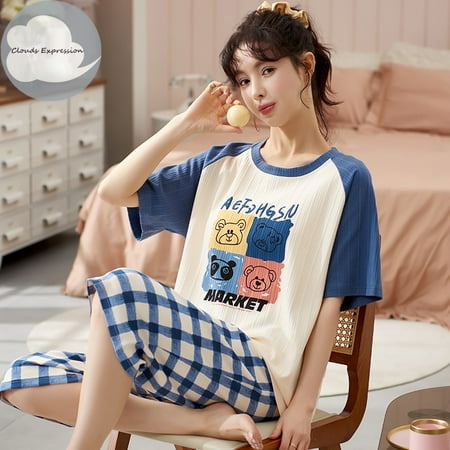 

QWZNDZGR New Arrivals Knitted Cotton Summer Short Sleeved Plus Size M-5XL Women Pajamas Set Pyjamas Women Sleepwear Cute Cartoon Pijamas