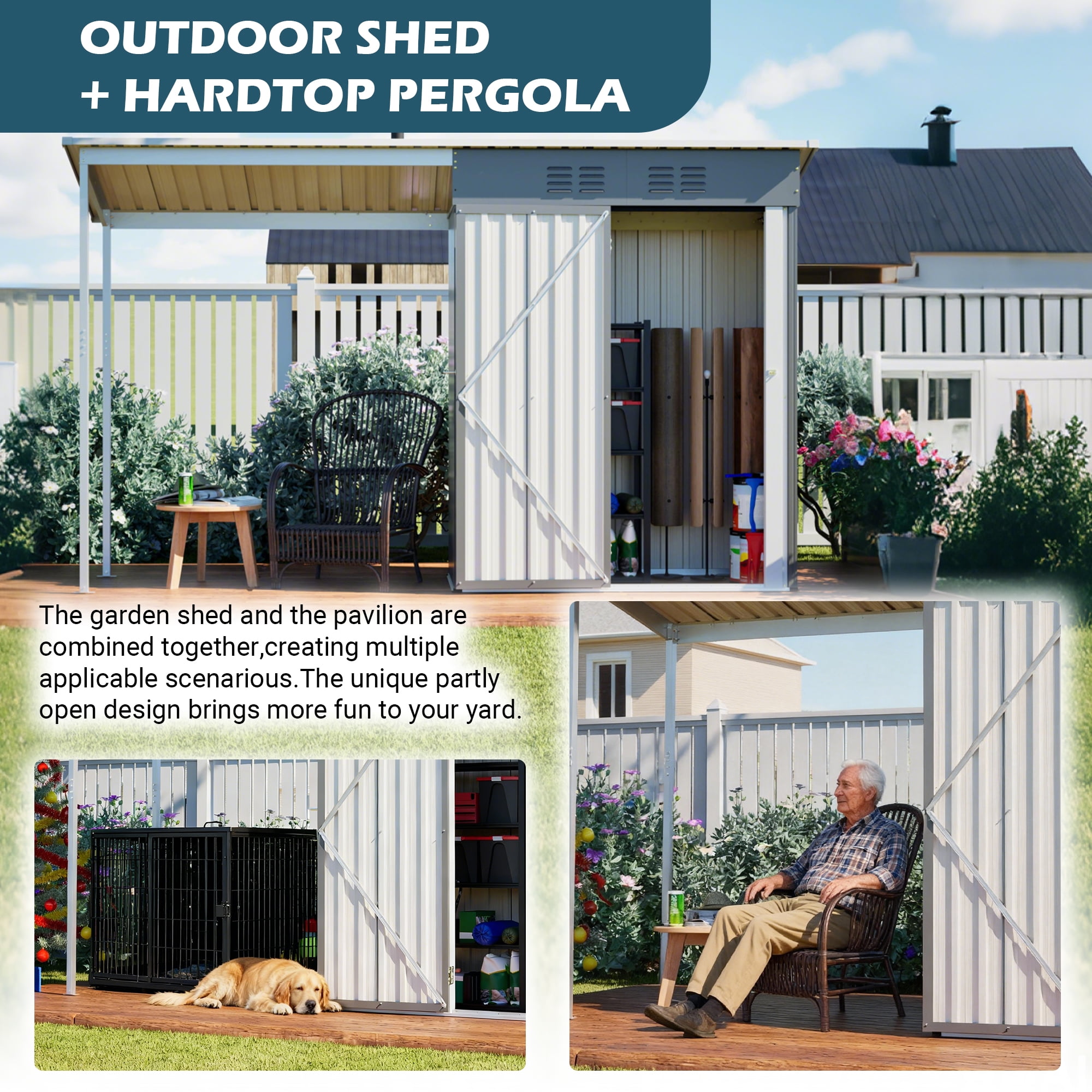 LZBEITEM Outdoor Open-Sided Storage Shed, 5x3 Sheds & Outdoor Storage with Covered, Small 2-in-1 Tool Shed with Attached Hardtop Metal Pergola Gazebo