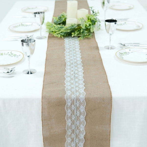Efavormart 14"x106" Natural Jute Burlap Table Runner With Middle White Lace, Boho Chic Rustic