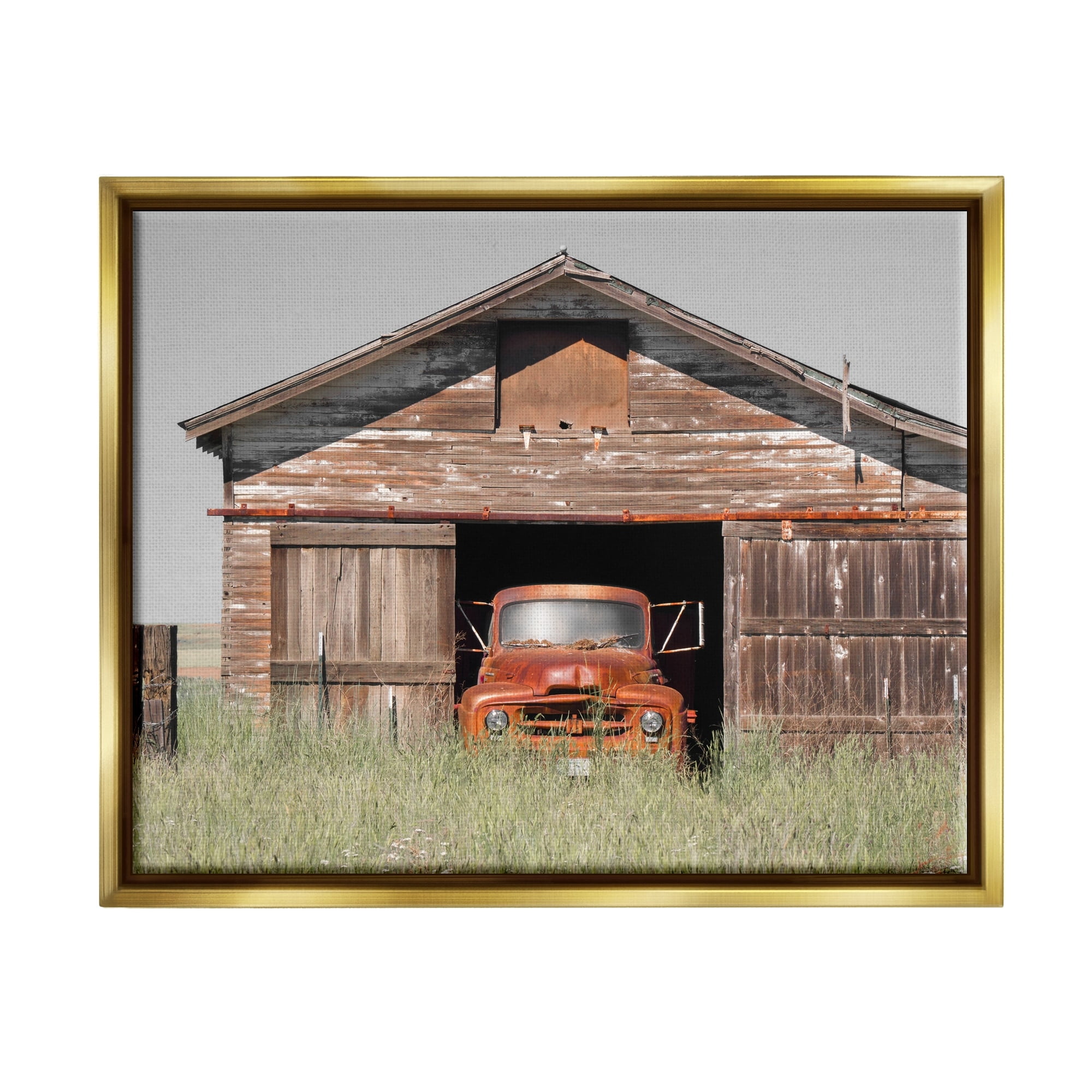 Stupell Industries Vintage Pickup Truck Weathered Country Barn Farmland Painting Metallic Gold Floating Framed Canvas Print Wall Art, Design by Danita Delimont