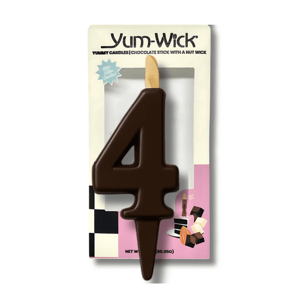 Yum-Wick® Vegan Dark Chocolate Number 4 Candle – Kosher, 100% Edible, Zero-Waste, Dairy-Free – Birthday & Anniversary Cake Candle