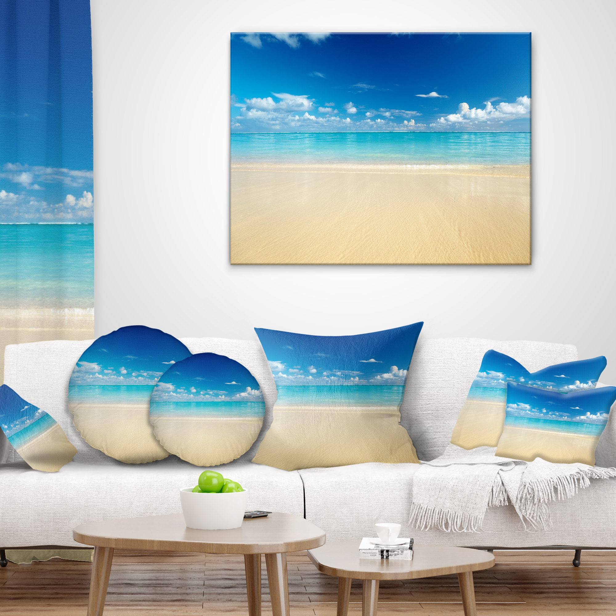 Designart Sand of Beach in Calm Caribbean Shore - Modern Seascape Throw Pillow - 18x18