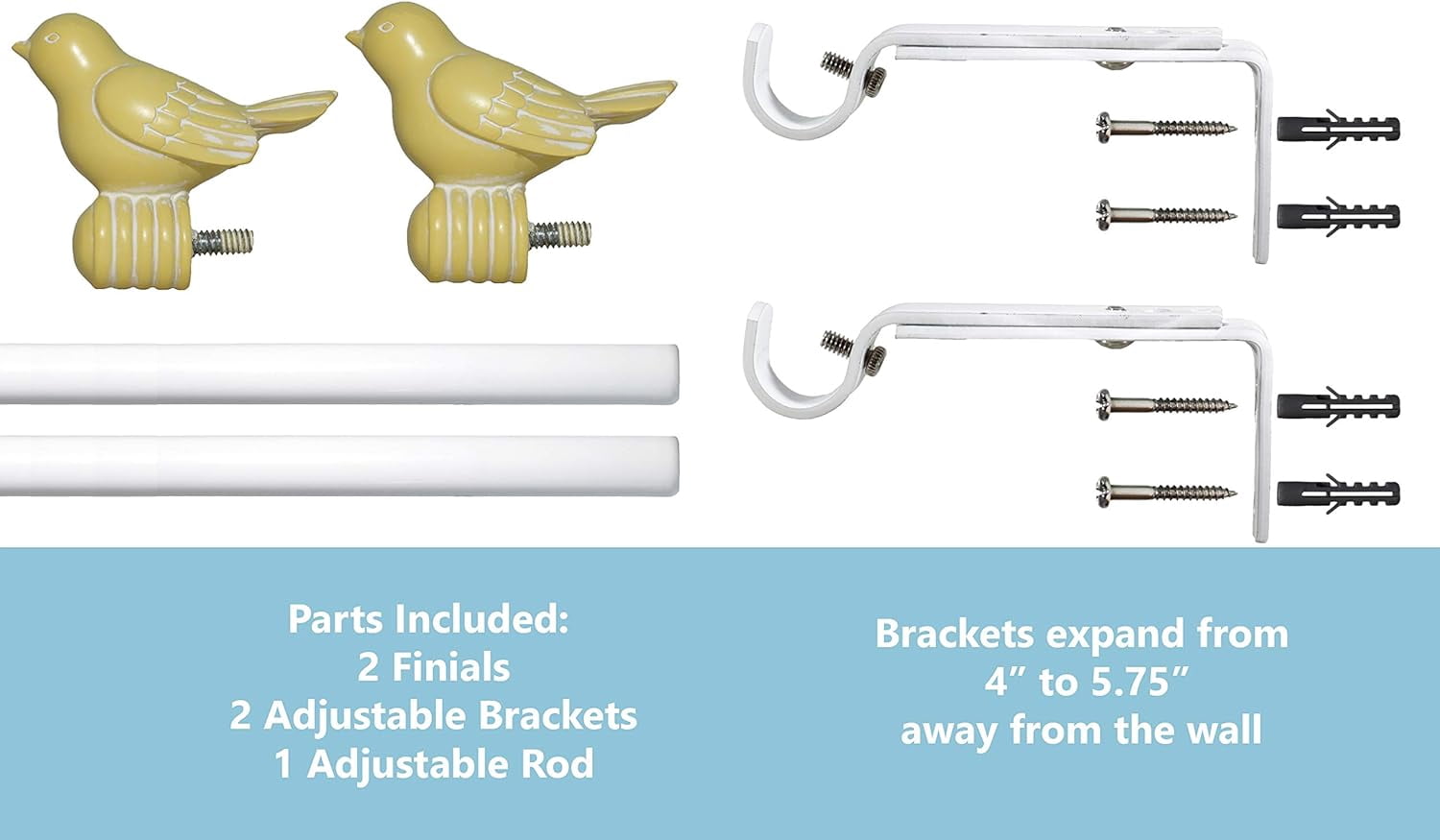 Urbanest 3/4-inch Cute Bird Designer Decorative Adjustable Window Treatment Curtain Single Rod Set, Heavy Duty, Baby Yellow With White Rod, 28" to 48"