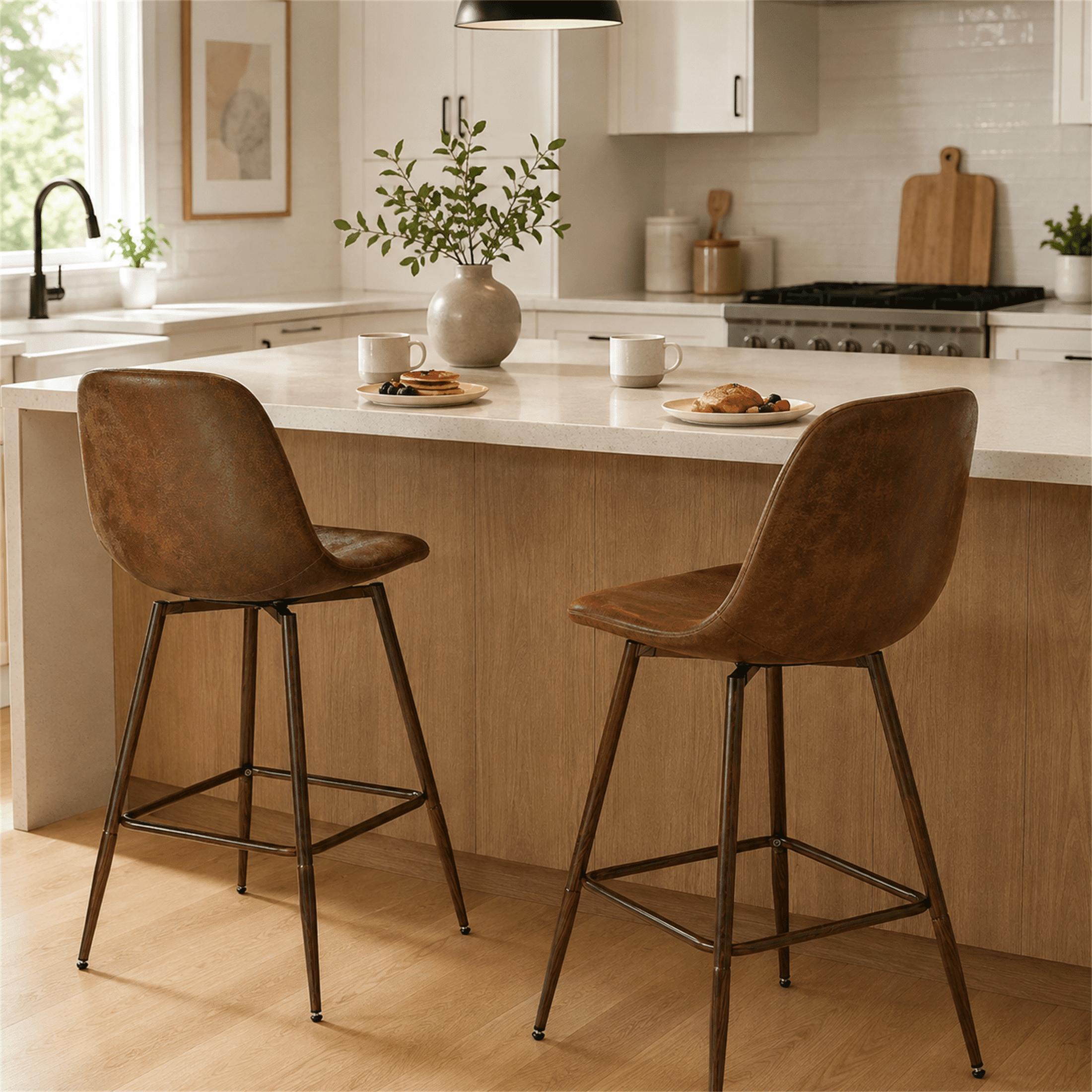Homy Casa 26" Swivel Counter Height Bar Stools Set of 2 with Faux Suede Seat for Kitchen Island Brown