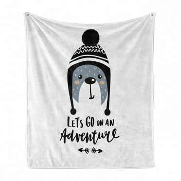Adventure Cartoon Soft Flannel Fleece Throw Blanket, Baby Bear Wearing Winter Hand Lets Go on Adventure Text, Cozy Plush for Indoor and Outdoor Use, 70" x 90", Blue Grey Black, by Ambesonne