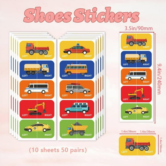 1set Shoes Stickers for Shoes Learning Left Right Cars Patterns 100pcs(50 Pairs) Self-Adhesive Shoes Stickers Labels Decals to Help Put Shoes On