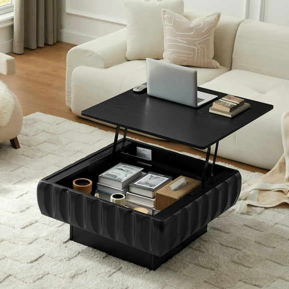 Square Lift-Top Coffee Table with Hidden Storage Space, Wood Square Large Center Table for Living Room, Retro Coffee Tables for Meeting Room, Home, Black