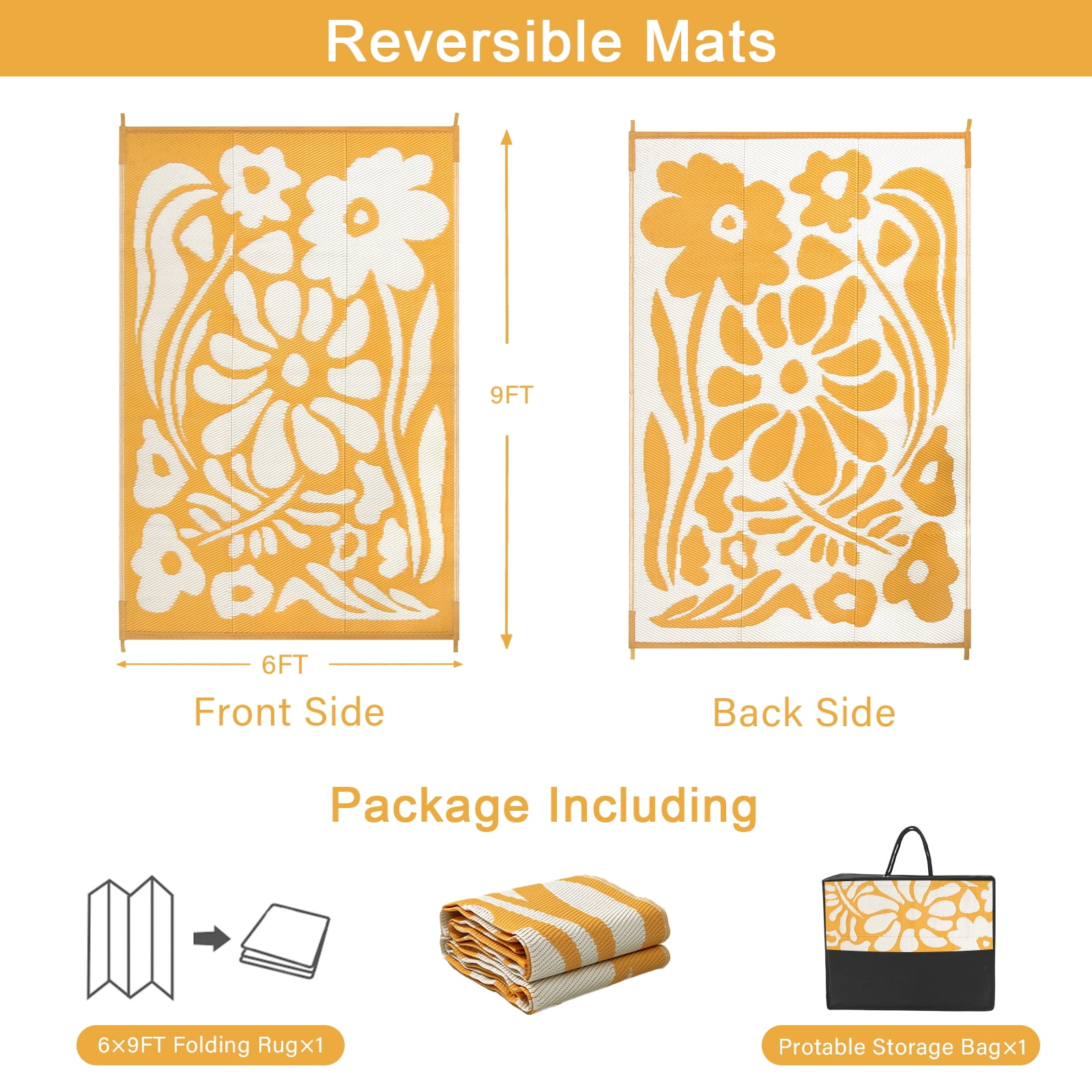 Lahome 6'x9' Outdoor Camping Rug - Waterproof Reversible Straw Mat,Abstract Floral Pattern for Camper, Garden & Beach (Orange)