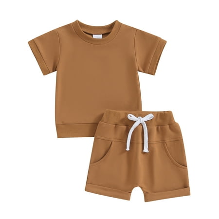 

Wallarenear Toddler Baby Summer Clothes Solid Color Short Sleeve Round Neck T-Shirt with Shorts 2Pcs Outfit
