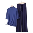thumbnail image 4 of Fengactive Womens Mock Neck Lounge Set Half Sleeve Top and Drawstring Wide Leg Pants Sleepwear, 4 of 6