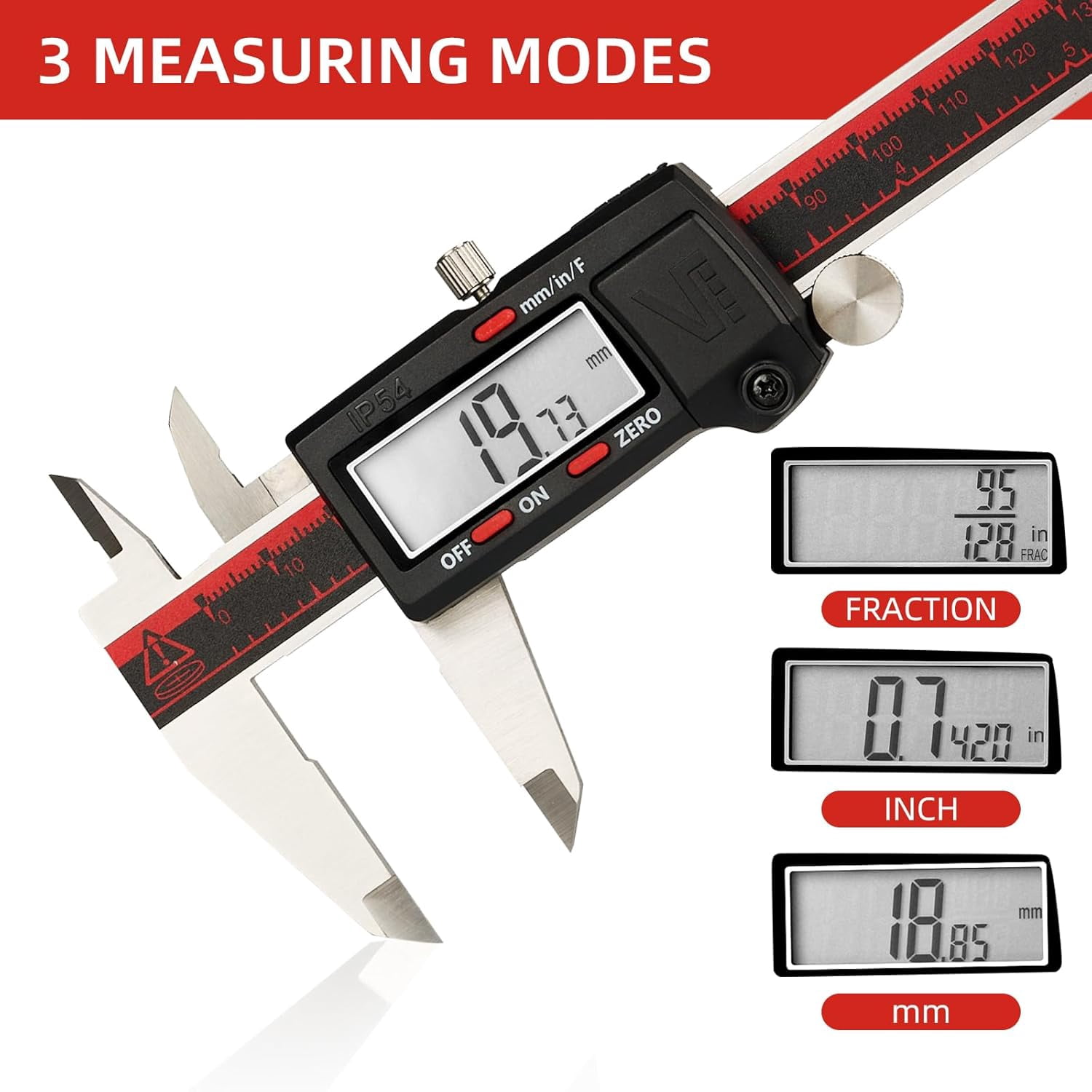 IP54 Grade Digital Caliper, DCLA-0605 6 Inch/150mm, Inch/Millimeter/Fraction Conversion, Stainless Steel, Large LCD Screen