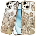 thumbnail image 2 of For Apple iPhone 15 /6.1" Luxury Floral Design Sparkle Glitter Diamond Crystal Rhinestone Shimmer Bling Plating Thick TPU Hard PC Cover, XPM Phone Case [Flower Gold], 2 of 10