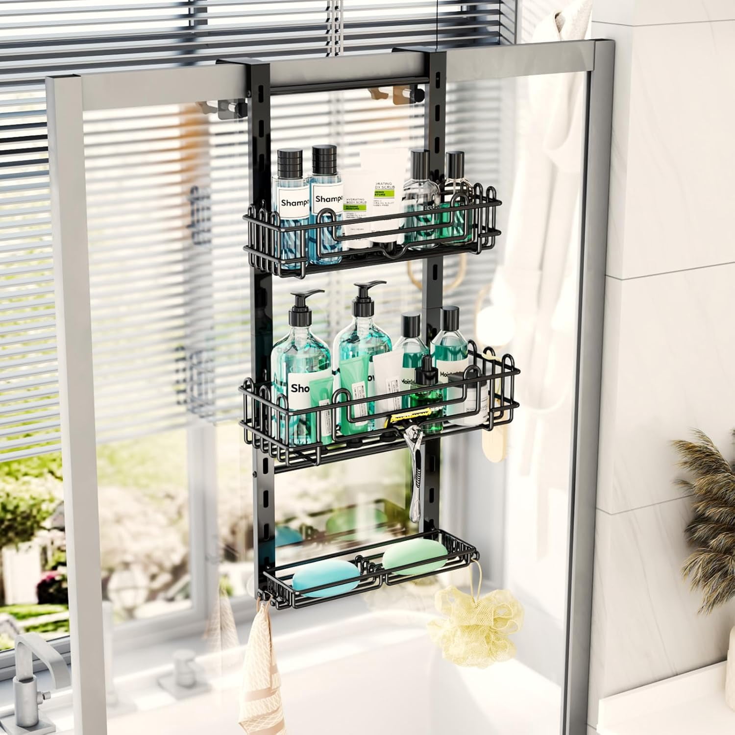 HapiRm 3 Tier Over the Door Shower Caddy, Hanging Shower Caddy with 16 Hooks and 2 Soap Holders, No Drilling Adjustable Hanging Bathroom Organizer - Black