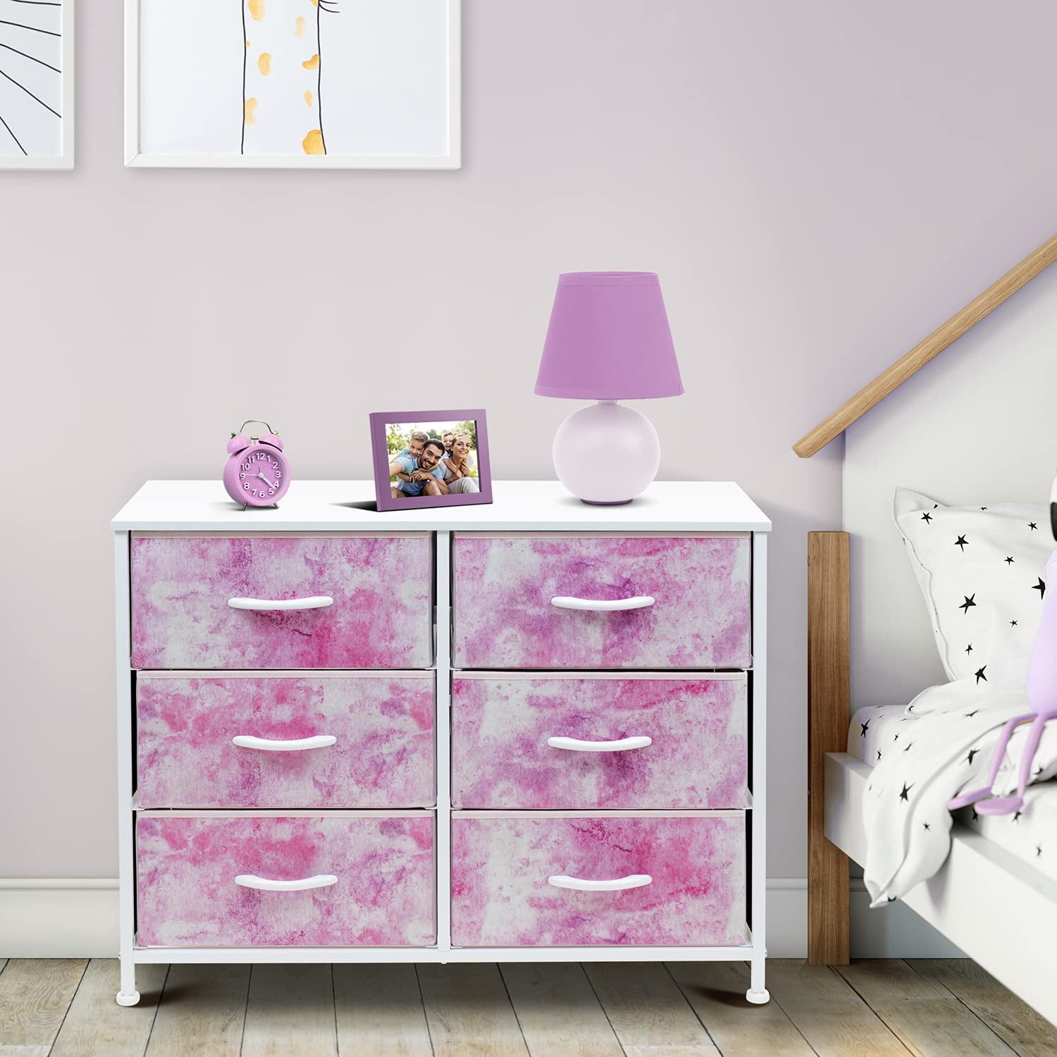 Sorbus Dresser with 6 Drawers - Furniture Storage Chest Tower Unit for Bedroom, Hallway, Closet, Office Organization - Steel Frame, Wood Top, Tie-dye Fabric Bins (6-Drawer, Pink)