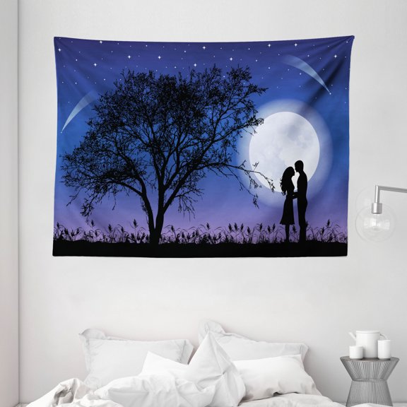 Night Tapestry, Romantic Composition with Full Moon Sky Tree Man and Woman In Love Hugging, Wall Hanging for Bedroom Living Room Dorm Decor, 80W X 60L Inches, Black Blue White, by Ambesonne