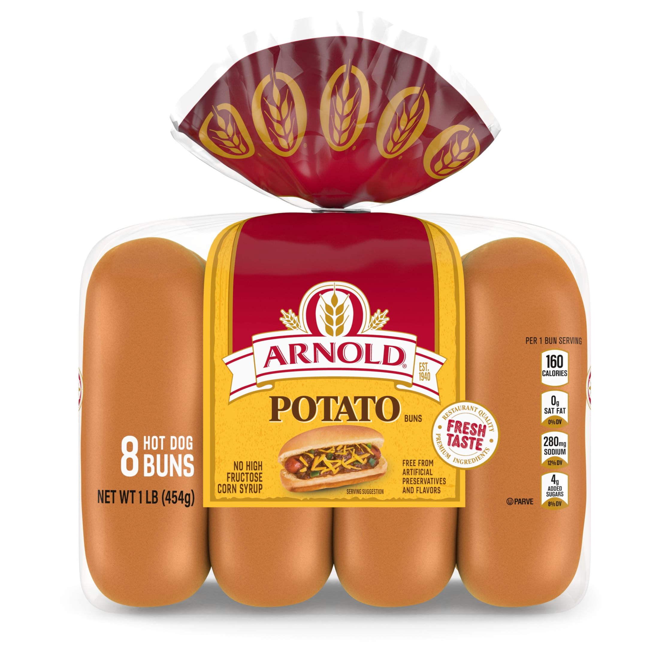 Arnold Potato Buns, 8 count, Hot Dog Buns, 16 oz Bag