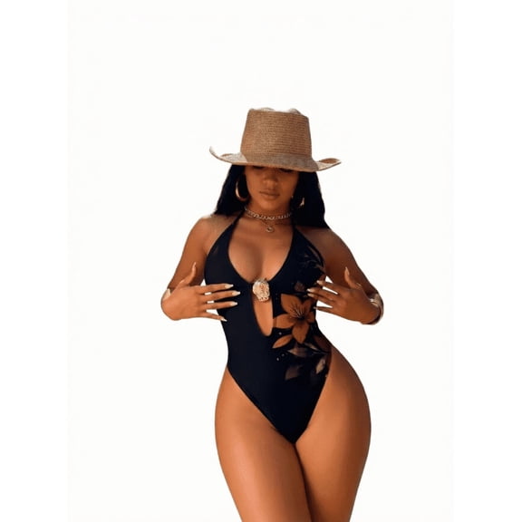 Women's Black Floral Halter Cutout One Piece Swimsuit – Gold Accent Bathing Suit
