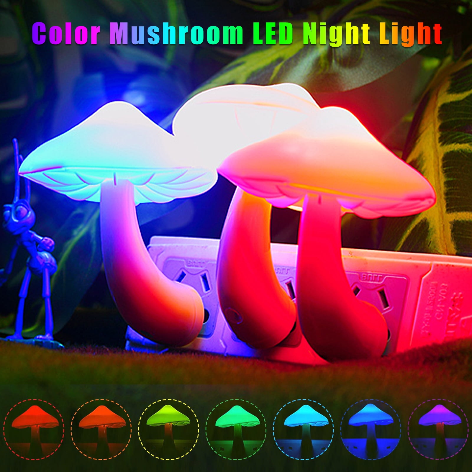 Cute Colorful Rainbow Color Mushroom LED Nightlight Energy Saving Sensor Lamp 