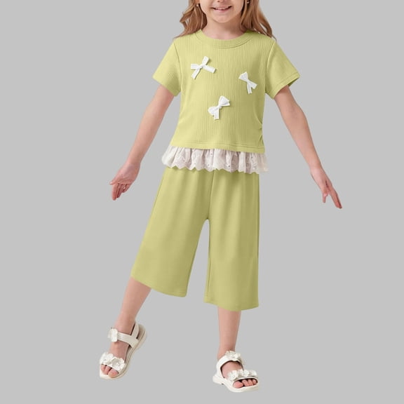 ITSAME Girls Outfit Set, Cute Bow Ruffle T-Shirt and Pants Summer Fashion Casual Set 2-Piece Yellow Size 7