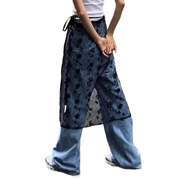 Women Korean Tie Up See Through Sequins Flower Lace Apron Skirt Sheer Layering Long Skirt Covering Overskirt Hip Scarf