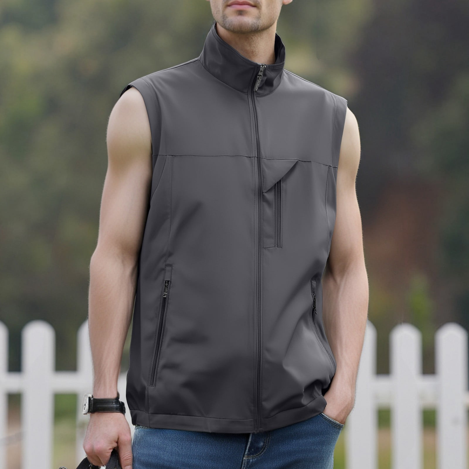 Men's Windproof Lightweight Golf Vest Softshell Sleeveless Jacket with Pockets for Running Hiking Sports Spring Fall,Gray,XL