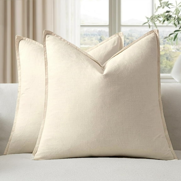 Fancy Homi 2 Packs Natural Beige Decorative Linen Soild Throw Pillow Covers 18x18 Inch for Living Room Couch Bed sofa, soft Square Farmhouse Vintage Cushion Cases Modern Home Décor, Cream 45x45 cm