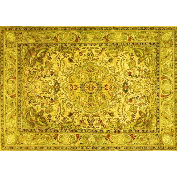 Ahgly Company Machine Washable Indoor Rectangle Persian Yellow Traditional Area Rugs, 7' x 10'