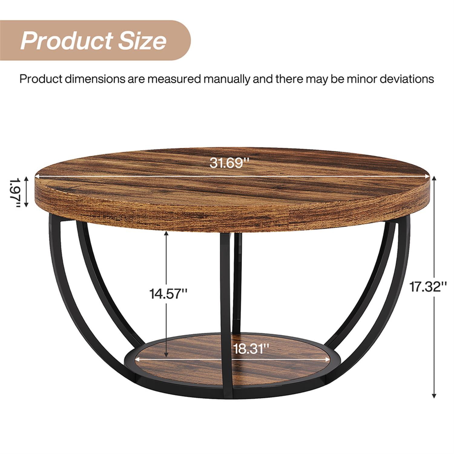 Demi Bonn Wooden Coffee Table, 2-Tier Round Central Cocktail Table with Shelves for Living Room, Rustic Brown