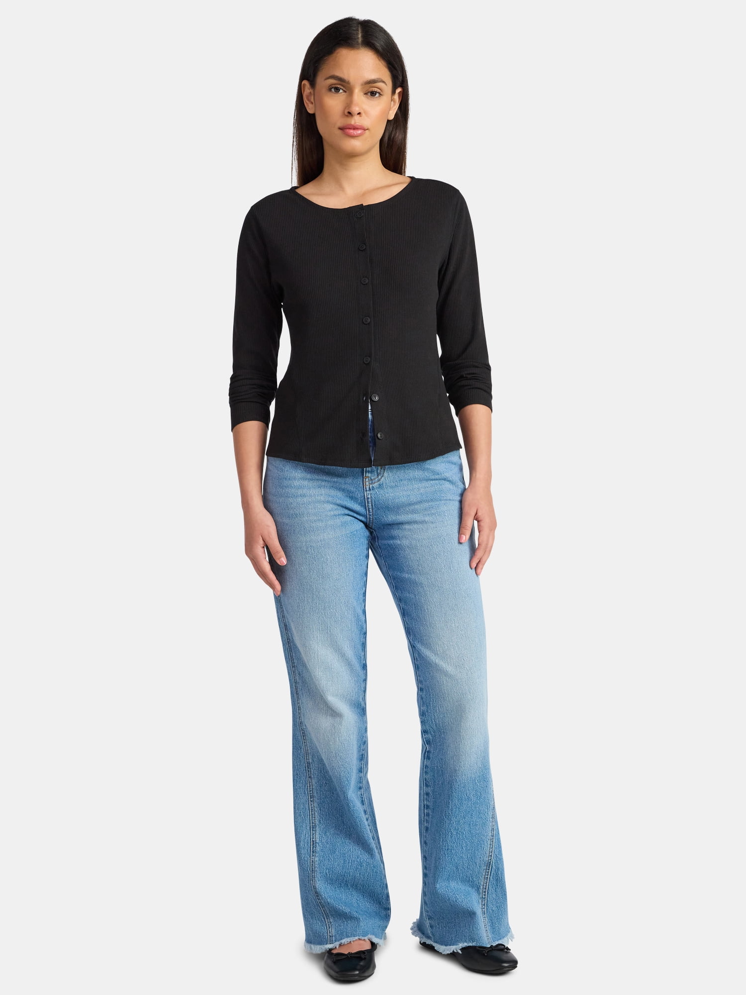 Time and Tru Women's Ribbed Knit Button Front Top with Long Sleeves, Sizes XS-XXXL