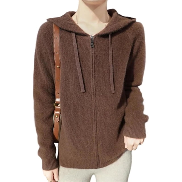 Women's 100% Merino Wool Sweater with Hood, Collar and Zipper, Long Sleeve Cardigan, Chunky Cashmere Knit