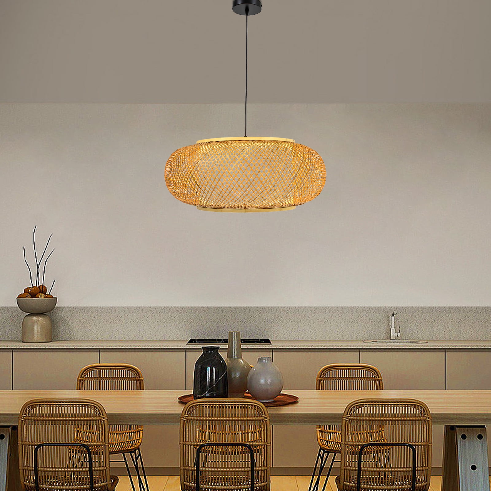 Natural Rattan Pendant Light, 23.5 inch φ Height Adjustable Hand-Woven Wickerwork Chandelier 1-Light Hanging Ceiling Light Fixture Beige