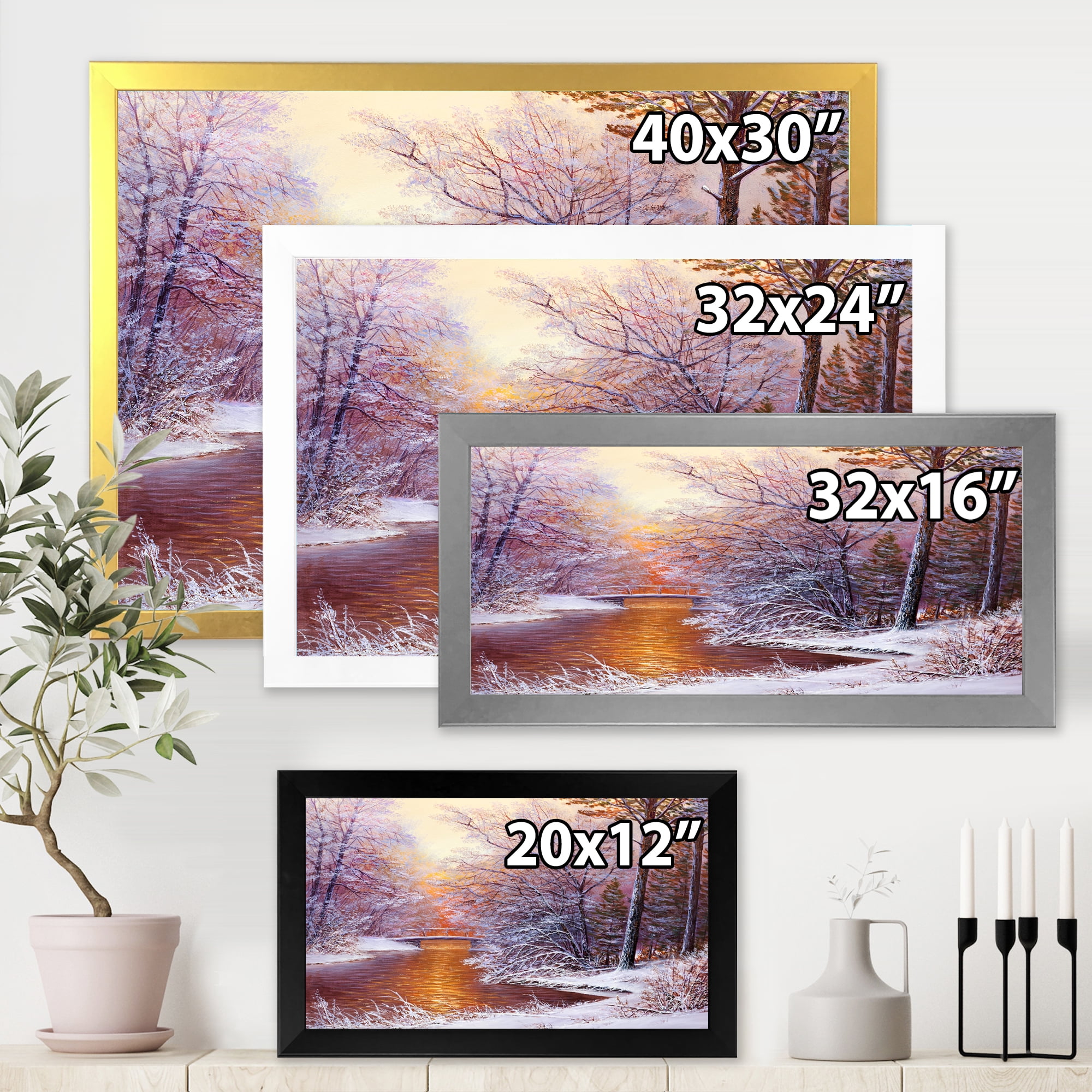 Designart 'Christmas Forest With Trees and River II' Traditional Framed Art Print