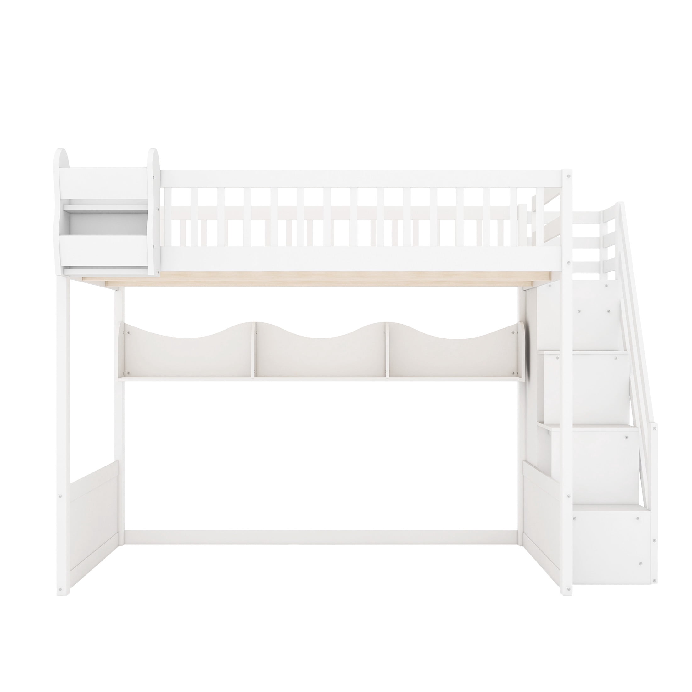 Noble House Brindle Queen Size Loft Bed with Storage Staircase and Wardrobe, Wood High Loft, Under-bed Space, White