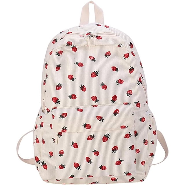 Mochila de pana y fresa, bonita mochila estética para mujer, mochila de viaje grande con múltiples bolsillos