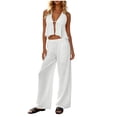 thumbnail image 2 of Guluxicc 2 Piece Women's Outfit Sets Halter V Neck Sleeveless Ruffle Hem Tops Front Cutout Wide Leg Pants Casual Outfits for Casual Wear, 2 of 5